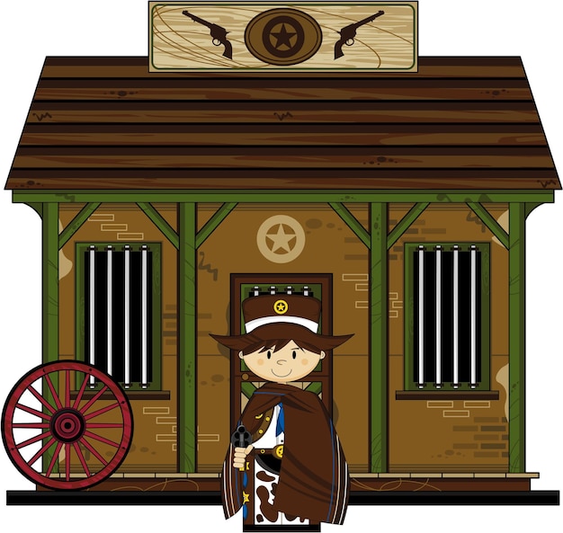 Cute Cartoon Wild West Cowboy Gunslinger at the Jailhouse with Six Shooter Pistols