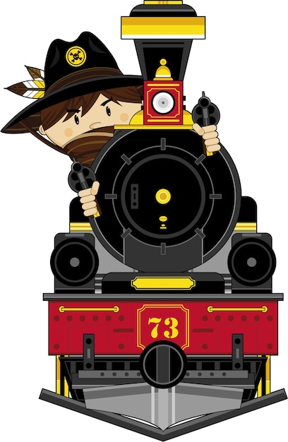 Vector cute cartoon wild west cowboy gunslinger in mask with western style steam train
