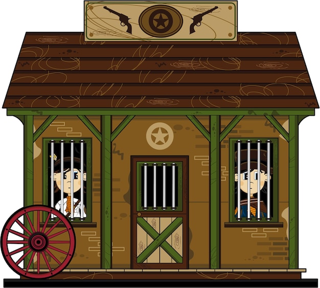 Cute Cartoon Wild West Cowboy Gunslingers in the Jailhouse