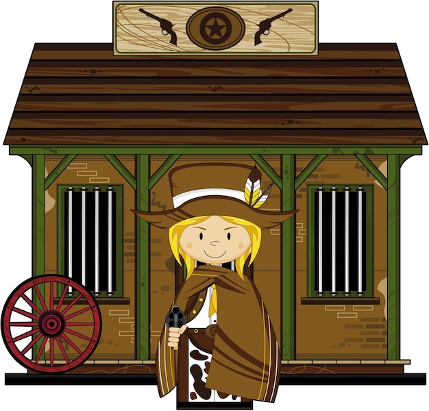 Vettore cute cartoon wild west cowgirl gunslinger al jailhouse con sei pistole shooter