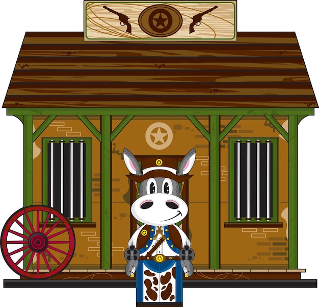 Cute cartoon wild west donkey cowboy sheriff at the jailhouse illustration