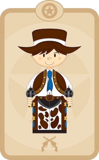 Cute Cartoon Wild West Gunslinging Cowboy with Six Shooter Pistols