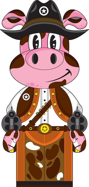 Vector cute cartoon wild west gunslinging pig cowboy sheriff with six shooter pistols