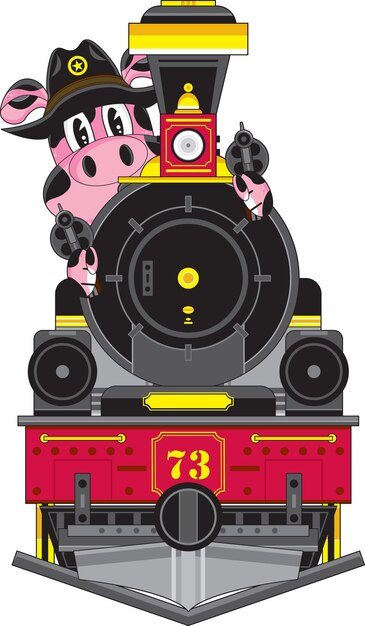 かわいい漫画の野生の西の豚ガンスリンガー カウボーイ保安官と西洋スタイルの蒸気機関車