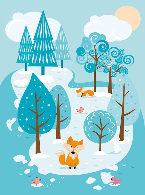귀여운 만화 겨울 땅 풍경 겨울 숲과 야생 동물