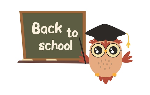 Cute cartoon wise owl in blackboard flat icon