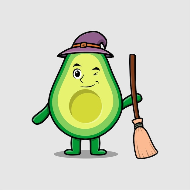 Милый мультяшный персонаж авокадо в форме ведьмы со шляпой и метлой