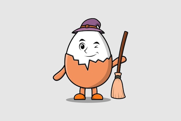 Cute cartoon witch shaped Boiled egg character with hat and broomstick cute style illustration