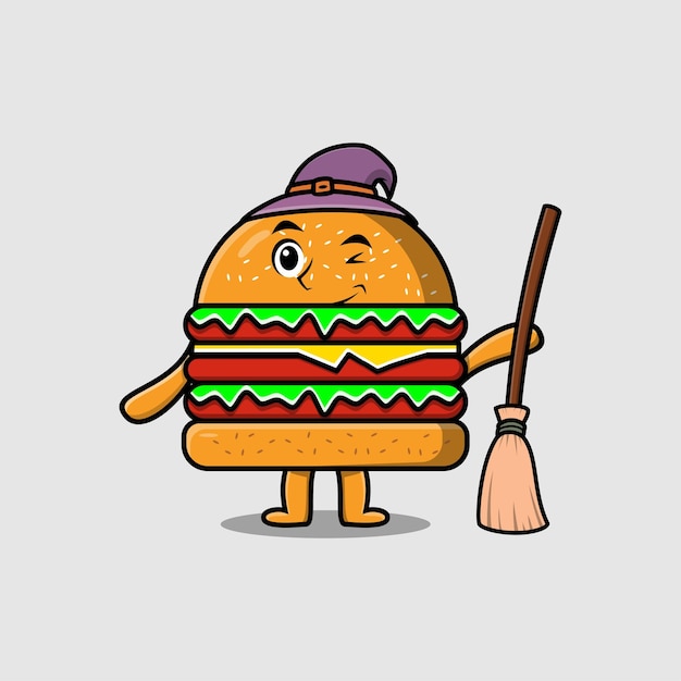 Vector cute cartoon witch shaped burger character with hat and broomstick cute style illustration