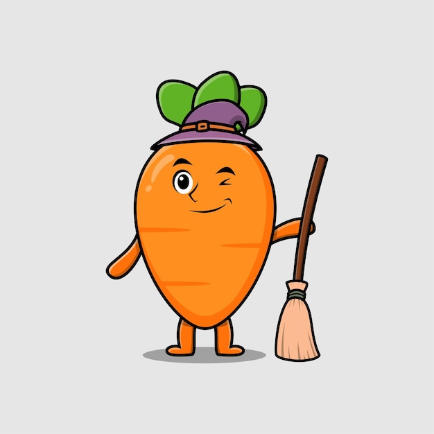 Vector cute cartoon witch shaped carrot character with hat and broomstick