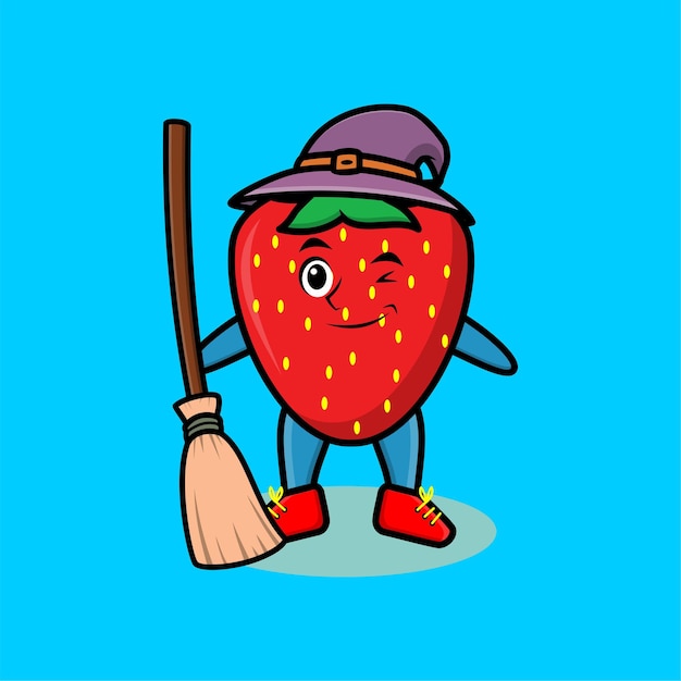 Cute cartoon witch shaped strawberry mascot with hat and broomstick cute modern stylish design