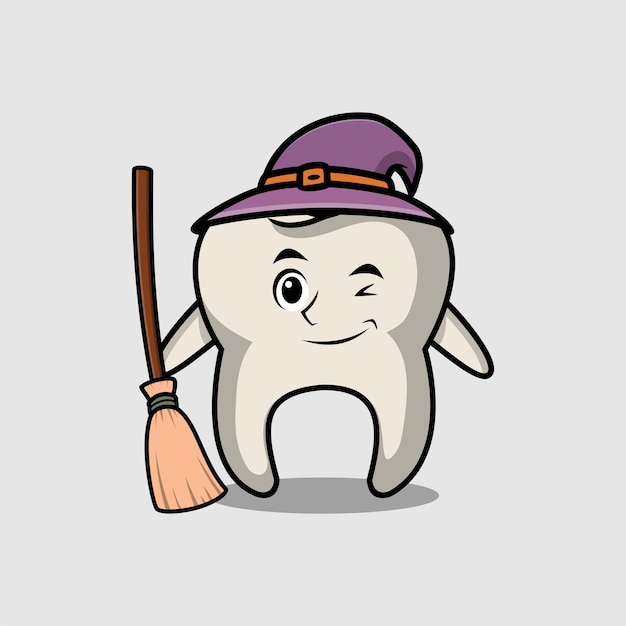 Cute cartoon witch shaped tooth character with hat and broomstick cute modern stylish design