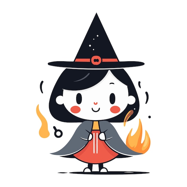 Vector cute cartoon witch with a fire vector illustration on white background