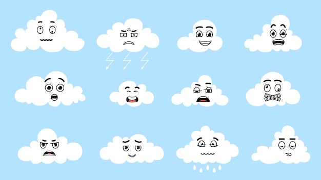 Cute cartoon witte wolken expressie gezichten Geïsoleerde wolk met regendruppels weer emotionele symbolen Fancy kinderachtig natuurelementen vector stickers Illustratie van wolken witte glimlach