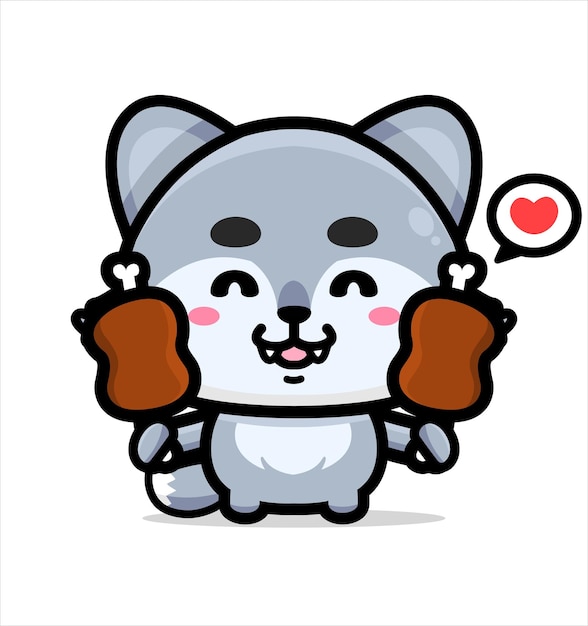 Vector cute cartoon wolf eat meat