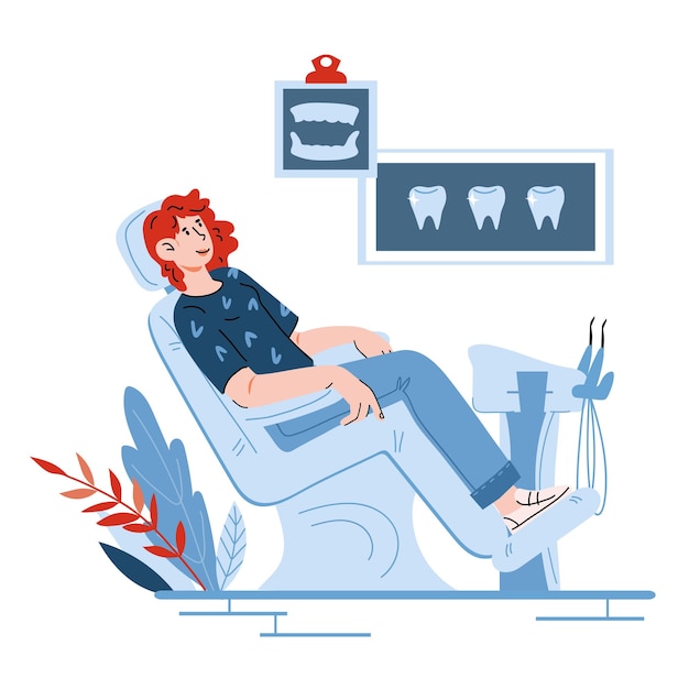 Cute cartoon woman on dentist visit sitting in dental chair with cheerful expression vector isolated