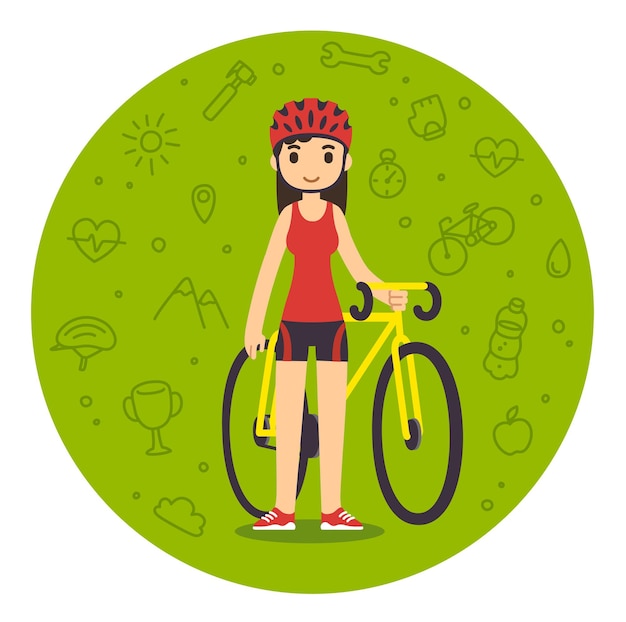 Cute cartoon woman in fitness gear with bicycle