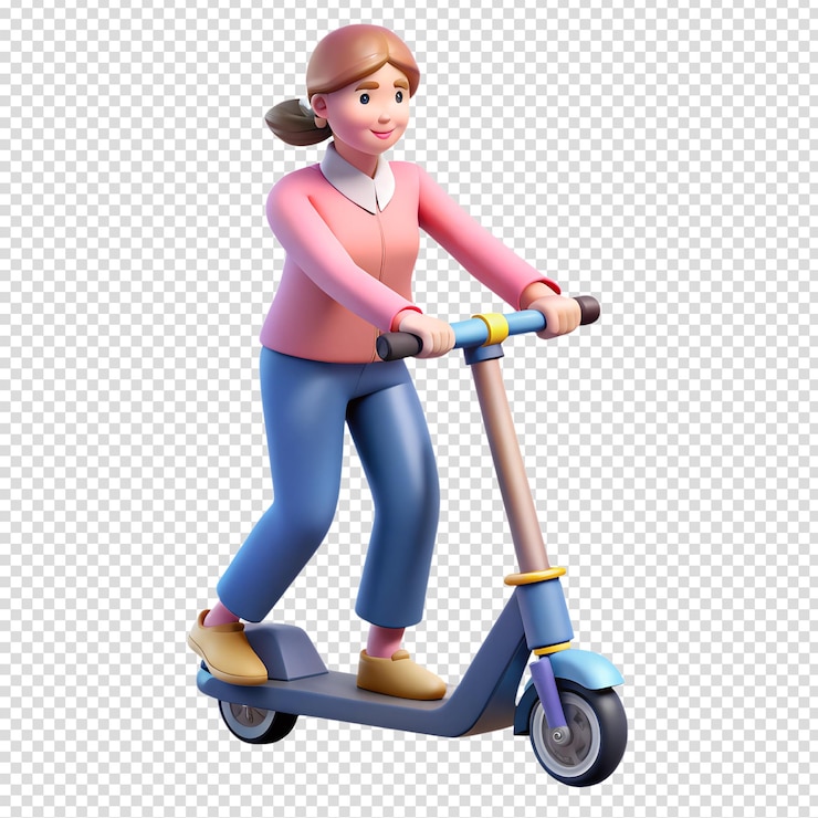Vector cute cartoon woman riding electric scooter 3d illustration isolated transportation concept