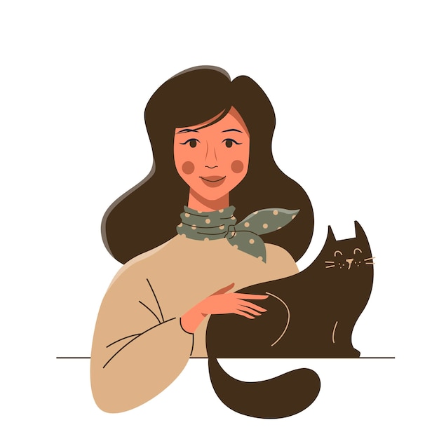 Vector cute cartoon woman with funny cat