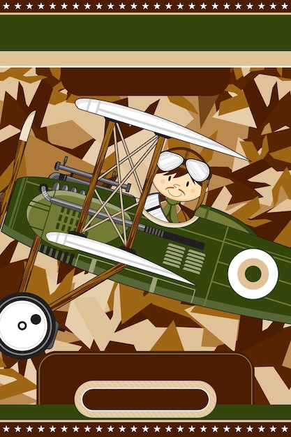 かわいい漫画 WW1 スタイルの空軍パイロットと複葉機のイラスト