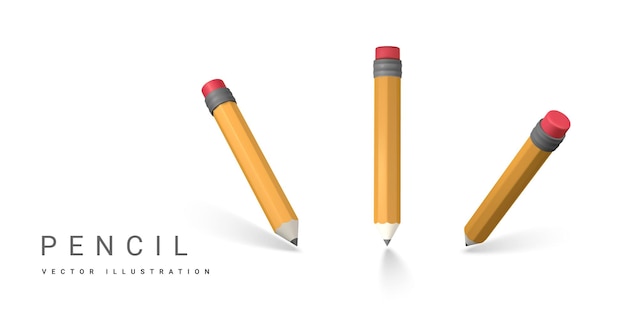 Cute cartoon yellow 3d pencil Wooden pencil for writing and drawing Vector illustration