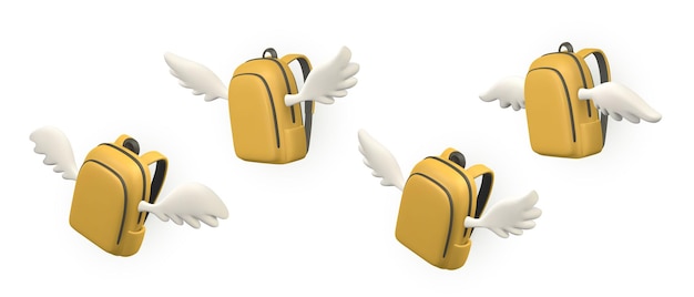 날개를 가진 귀여운 만화 노란색 배낭 3d 현실적인 학교 가방 다시 학교 개념 벡터 일러스트 레이 션