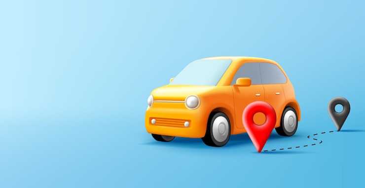 Vector cute cartoon yellow car illustration 3d render with pins and route planned digital composition modern
