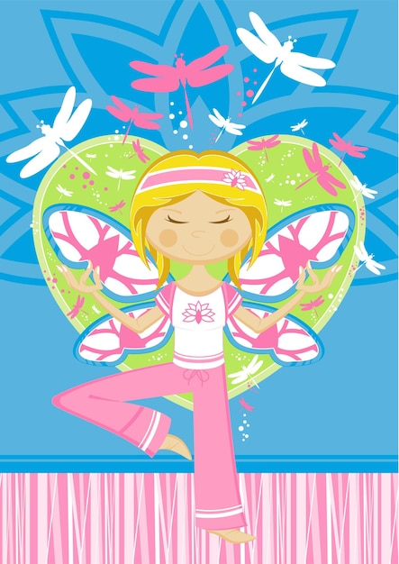 Cute Cartoon Yoga Girl with Dragonflies and Heart Illustration