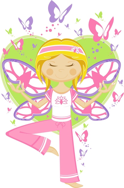 Cute Cartoon Yoga Girl with Wings and Butterflies Illustration