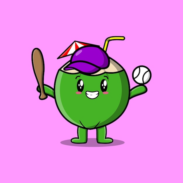 Cute cartoon Young coconut character playing baseball in modern style design