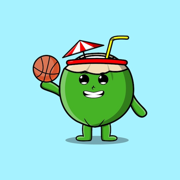 Vector cute cartoon young coconut character playing basketball