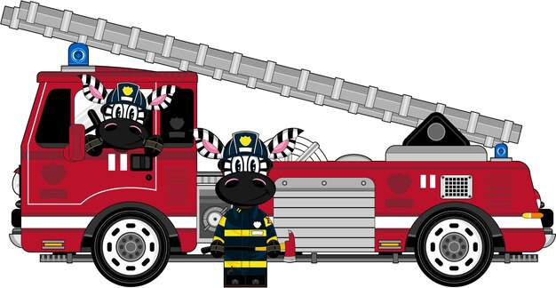 Cute Cartoon Zebra Firemen and Fire Engine Emergency Services Illustration