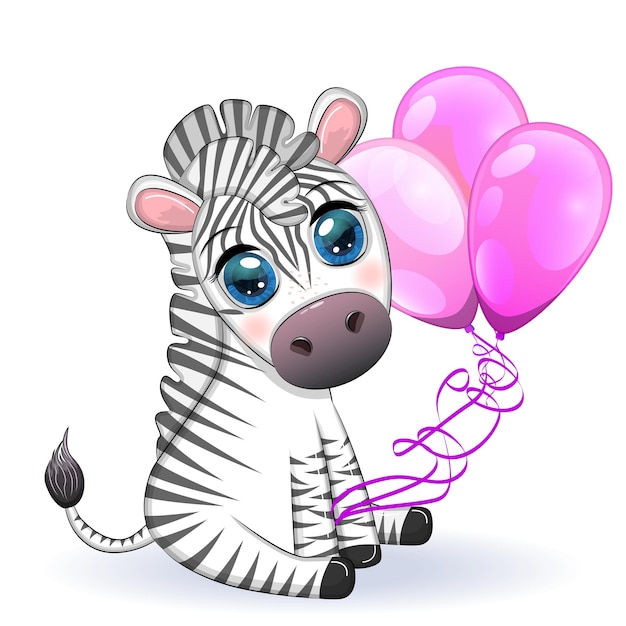 Вектор Симпатичная мультяшная зебра сидит и держит воздушные шарики детский праздник полосатого персонажа