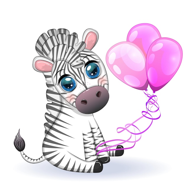 Cute cartoon zebra is sitting and holding balloons Children's striped character holiday