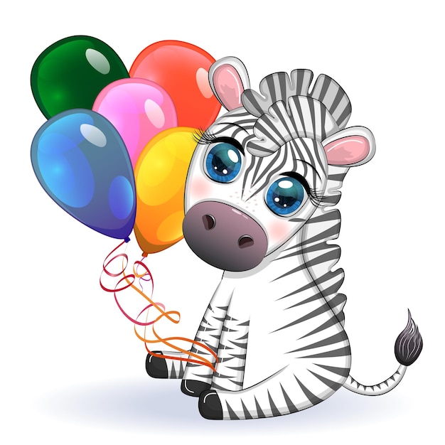 Vettore cute cartoon zebra è seduta e tiene in mano palloncini vacanza a strisce per bambini