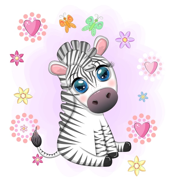 Cute cartoon zebra sits in flowers Childish striped character African animals