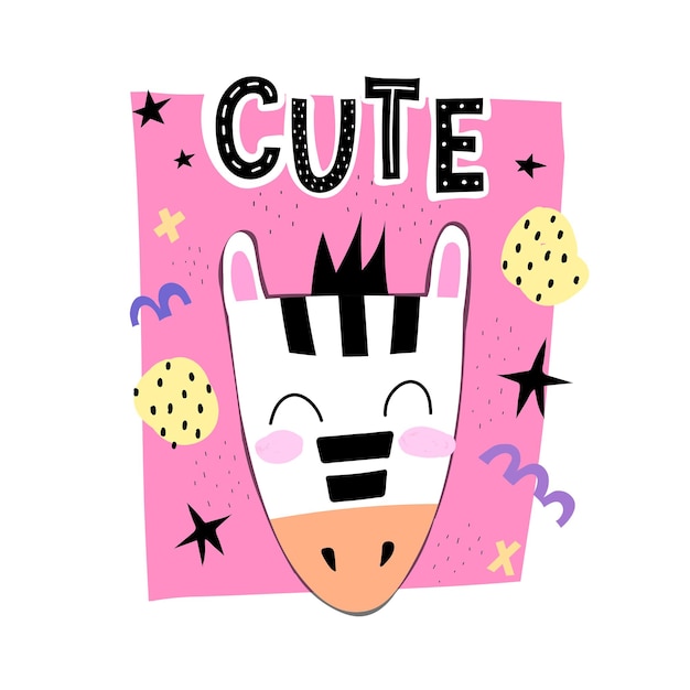 cute Cartoon zebra with hand drawing lettering stars