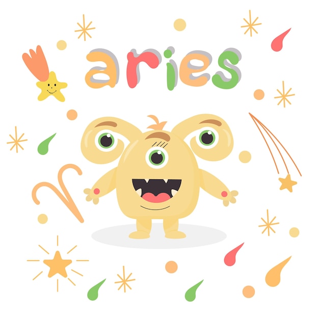 Cute cartoon zodiac monster Aries. Great print for kids clothes. Postcard for congratulations.