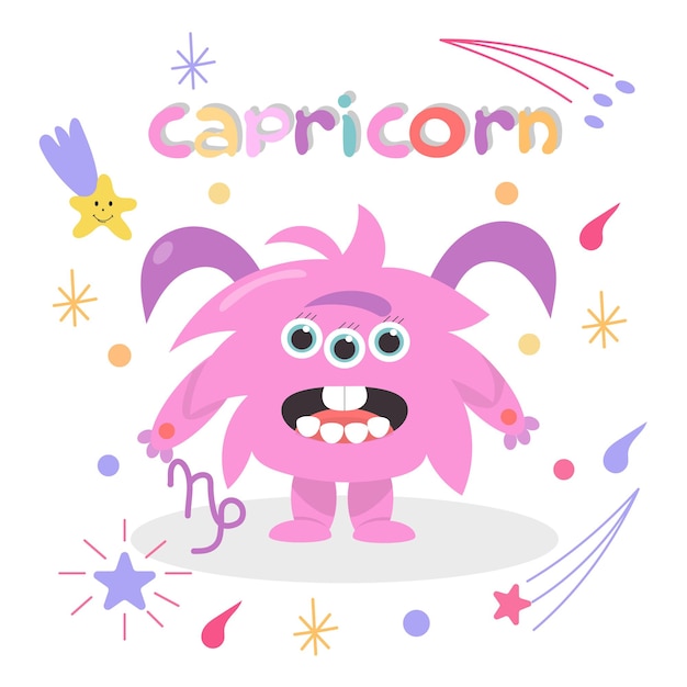 Cute cartoon zodiac monster Capricorn. Great print for kids clothes. Postcard for congratulations.