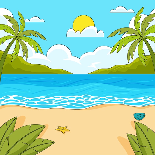 Милый мультфильмный пляжный пейзаж на заднем плане