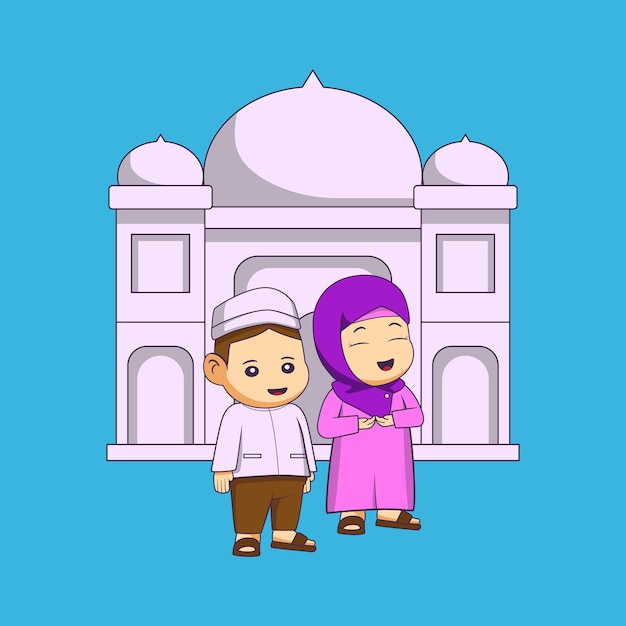 Cute cartoons of moslem boy and girl characters with mosque backgrounds