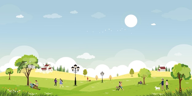 Cute cartoonspring landscape in public park with people relaxing outdoors in the garden