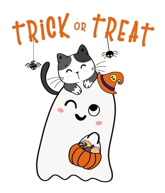 Cute Cat on adorable ghost Trick or Treat Halloween basket cartoon flat vector illlustration