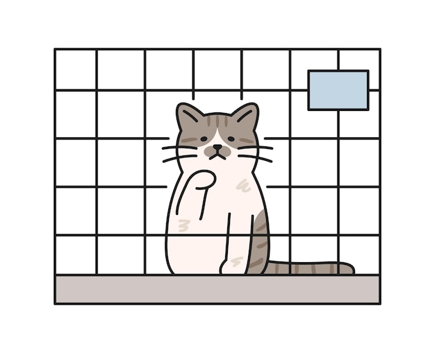 ベクトル かわいい猫 捨てられた猫が避難所の檻の中で悲しそうにしている