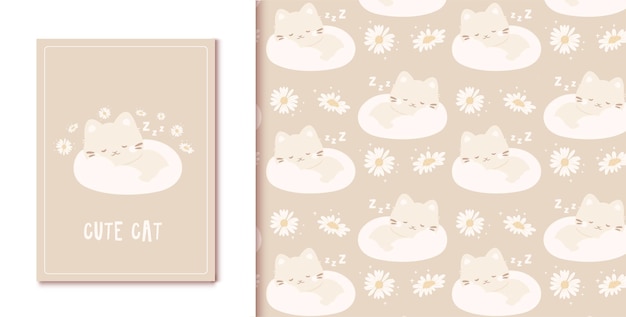귀여운 고양이 데이지 꽃 원활한 패턴 및 카드 파스텔 벽지 배경