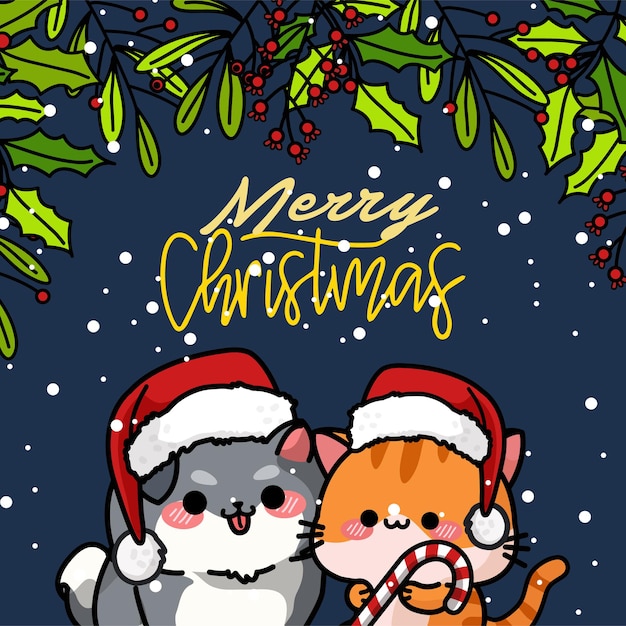 크리스마스를 축하하는 귀여운 고양이와 강아지