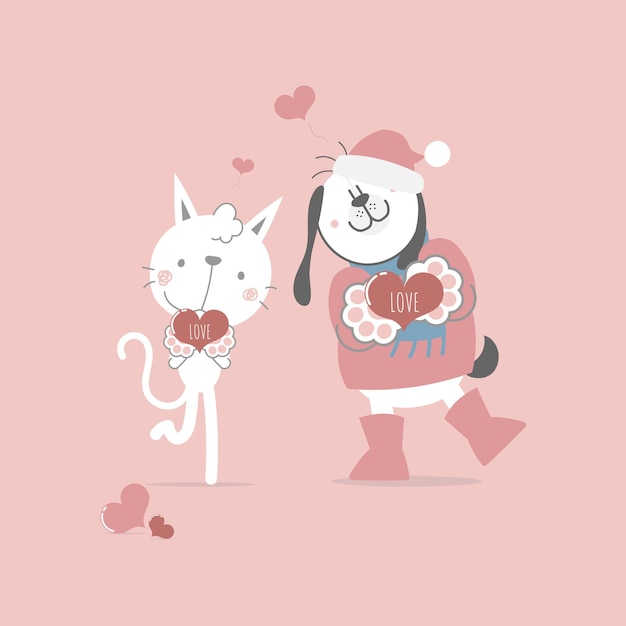벡터 마음 해피 발렌타인 데이 사랑 개념을 들고 귀여운 고양이와 개