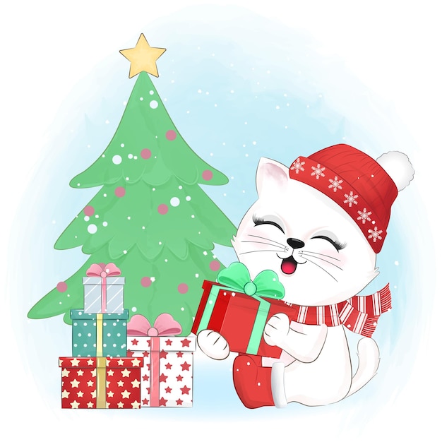 ベクトル かわいい猫とギフトボックスのクリスマスシーズンのイラスト