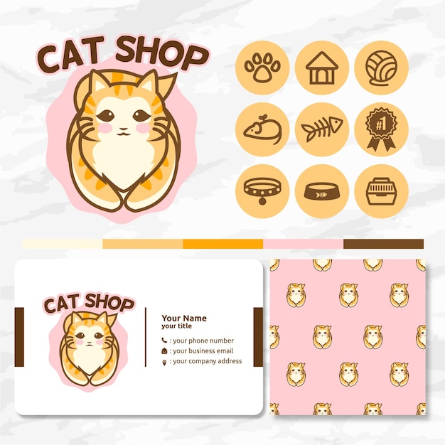 Simpatico gatto animale logo con set di icone e motivi per collezioni di negozi di animali