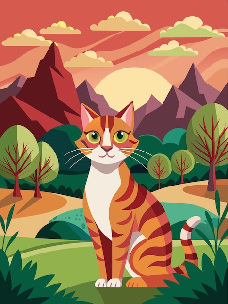 Vector cute cat animals with natural mountain views